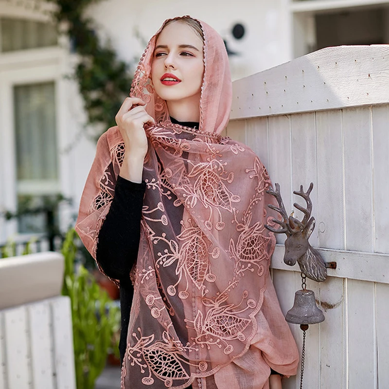 

Vintage Lace Solid Women Scarf Cotton Spring Lady Shawl Colorful Leaf Print Spring New Design Girl Present Scarves Drop Shipping