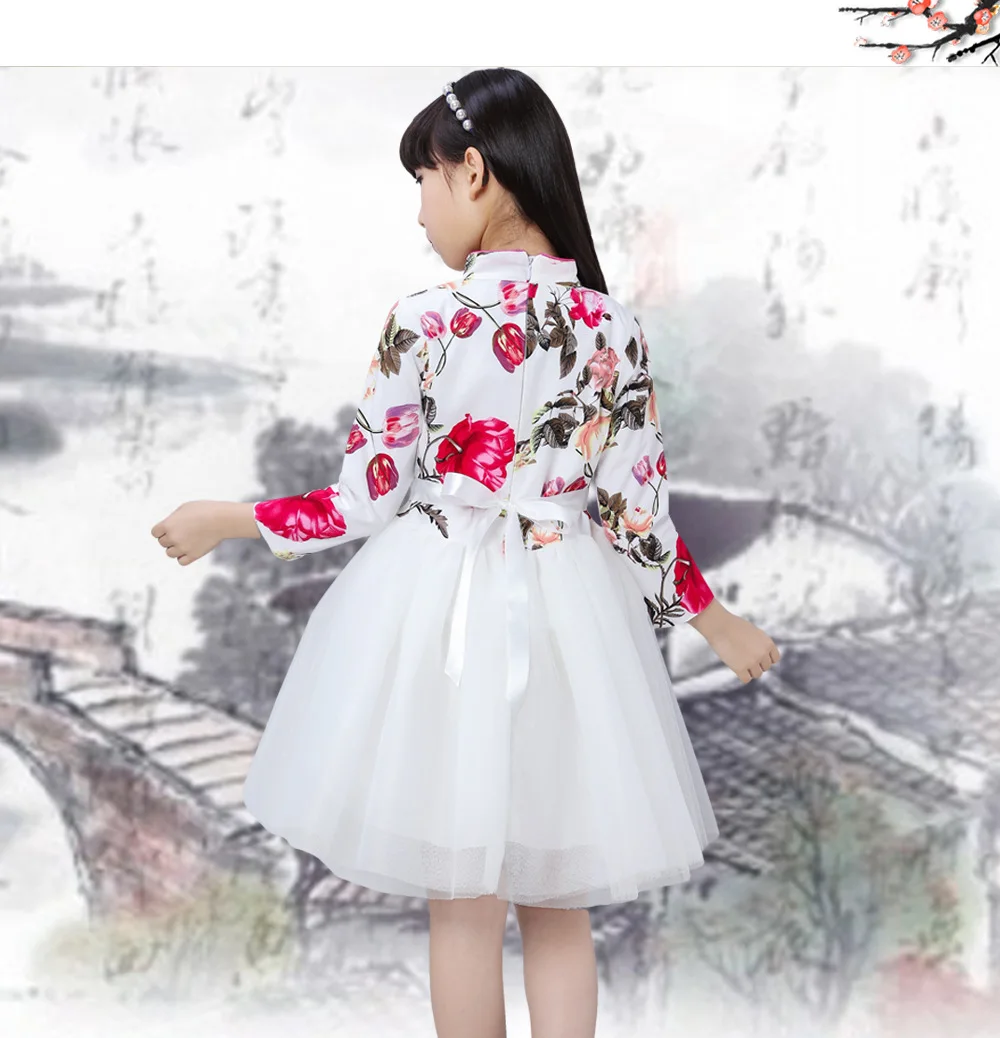 Летнее платье для маленьких девочек, Осеннее Хлопковое платье Чонсам в китайском стиле с длинными рукавами, элегантные платья, традиционная китайская одежда, H144