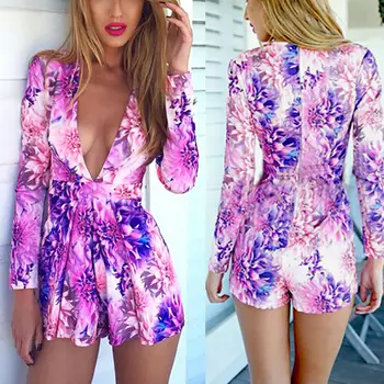 

Plus Size XXL Women Summer Boho Beachwear Holiday Floral Print Deep V Neck Elastic Waist Playsuit Ladies Romper Shorts Playsuits