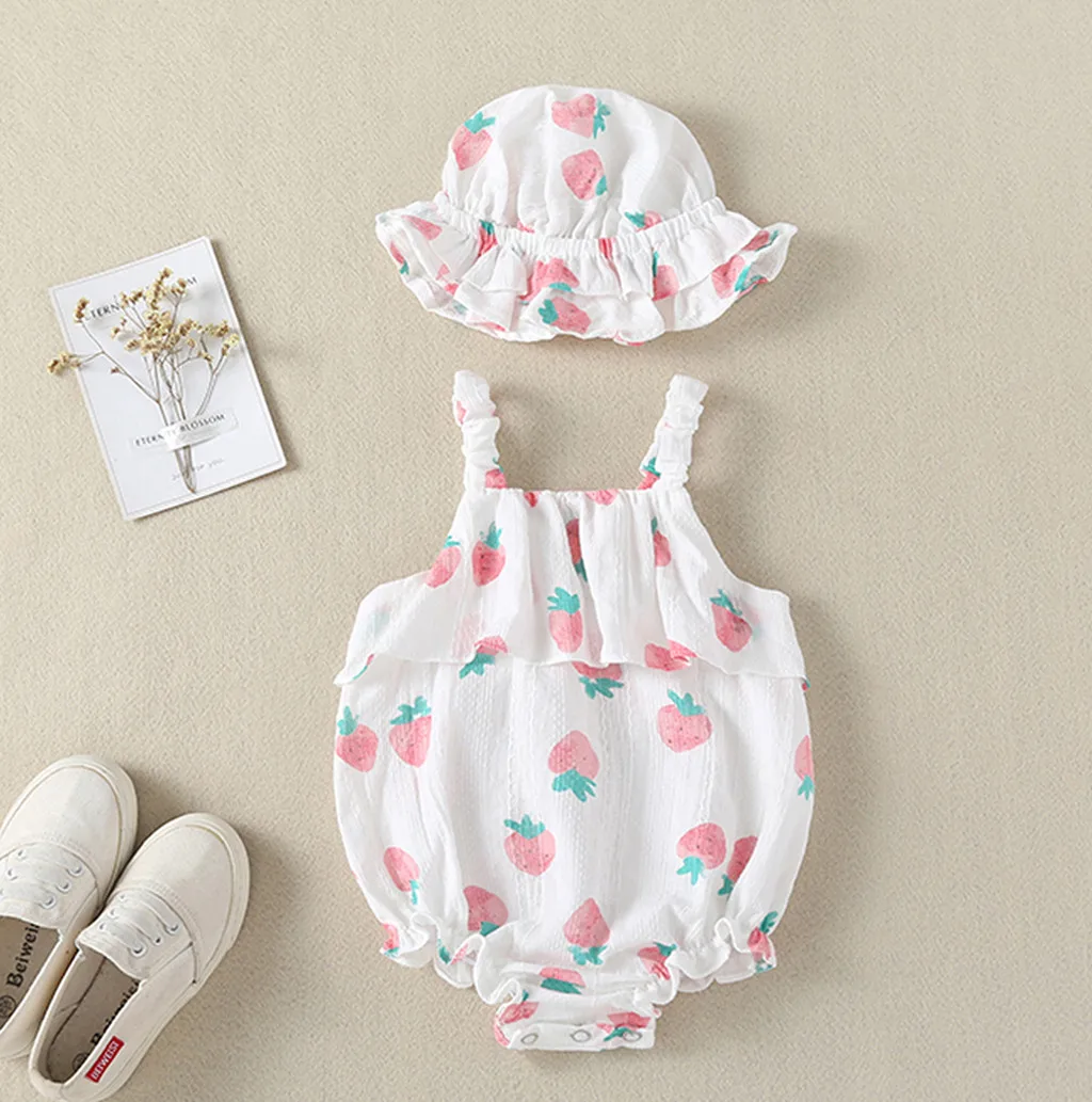 المولود الجديد الملابس الأشرطة الفراولة طباعة رومبير Sunsuit قبعة طفلة رومبير Recien Nacido طفلة الملابس 2019