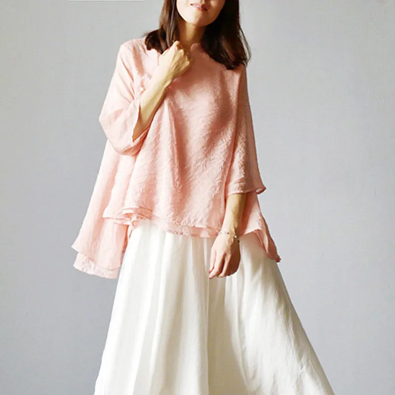 En Ligne Johnature Nouveau Stand Col Solide Couleur Tops 2018 Printemps Femmes Papillon Manches Vintage Irrégulière Trois Manches Trimestre Chemises