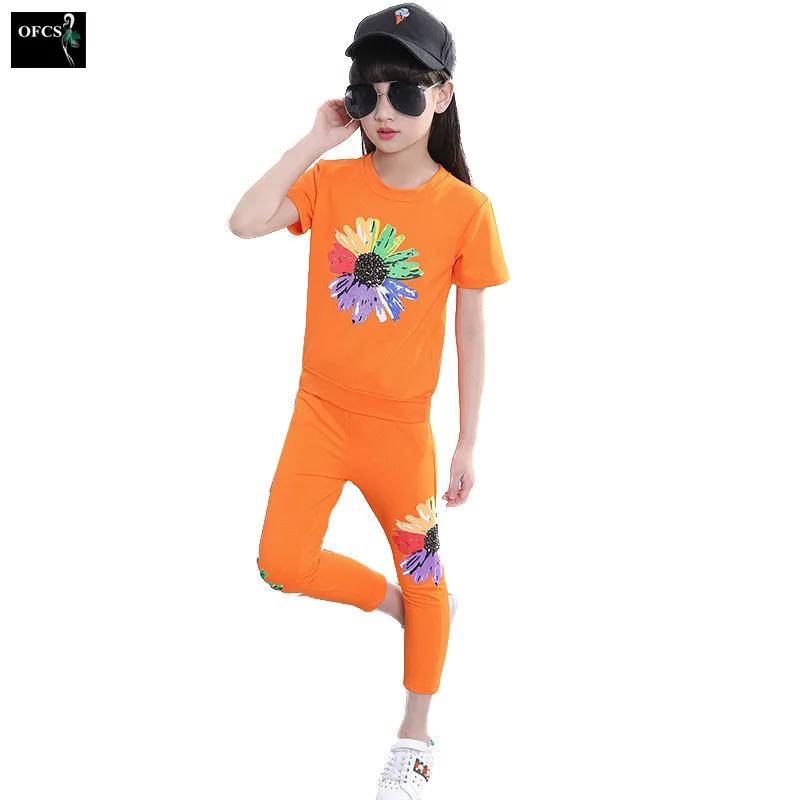 

Baby Girls Children Short Sets Clothing Summer Sunflower Tshirts+Pants Cotton Sleeveless O-neck Kids Costume Clothes Suits 5-16T