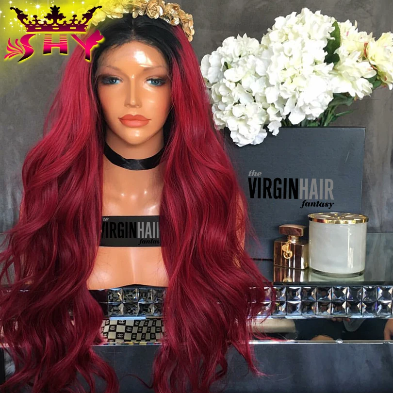 

Brazilian Virgin Hair Glueless Full Lace Wig 200%Density Lace Front Wig High Density 1b#Burgundy Ombre Human Wig For Black Women