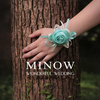 

2pcs/lot Set Girl Wrist Flower and Man Boutonniere Wedding Bride Bridesmaid Stain Silk Rose Corsage Floral Pin Tiffany Blue