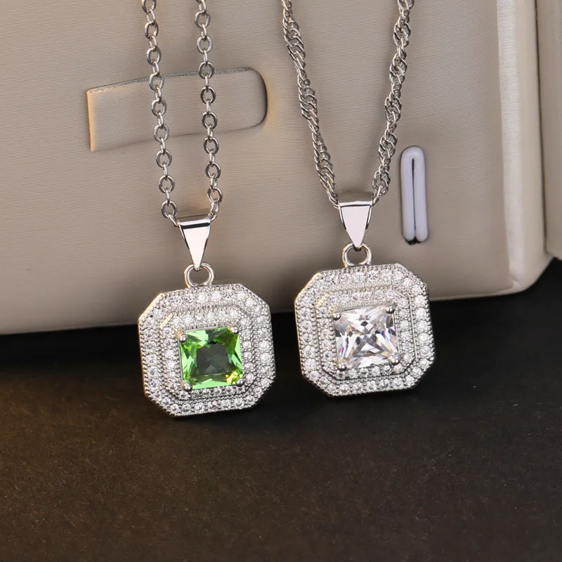 

Cute Female Crystal Zircon Stone Necklace New Fashion White Green Choker Necklace Big 925 Sterling Silver Necklaces For Women