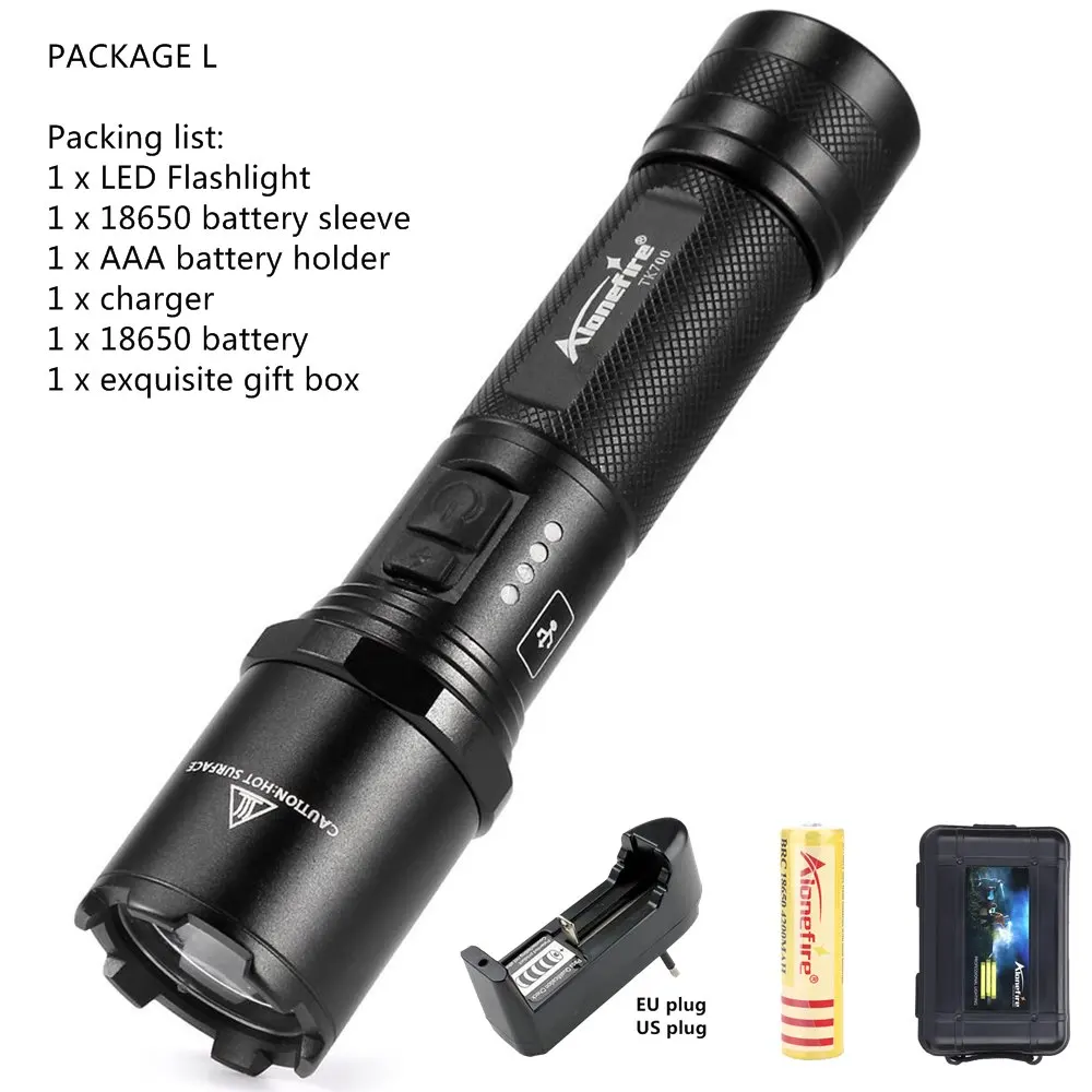 AloneFire TK700 CREE L2 светодиодный светильник с зарядкой от USB, тактический фонарь, мигающий фонарь для самообороны, полицейский рабочий светильник 18650 - Испускаемый цвет: PACKAGE L