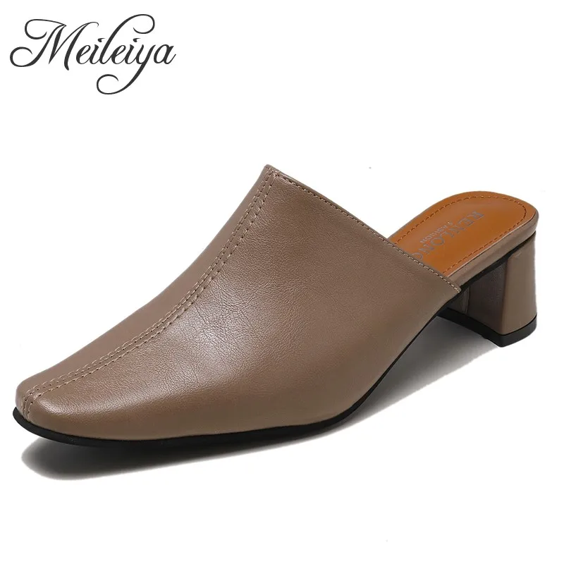 

Elegant Square Toe Block Med Heel Mules Shoes Office Lady 2019 New Comfy Slip on Retro Loafers Slippers