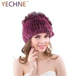 YECHNE Фирменная зимняя женская Повседневное с натуральным кроличьим мехом теплая шапочка Кепки Топ Лисий мех цветок женский шляпа