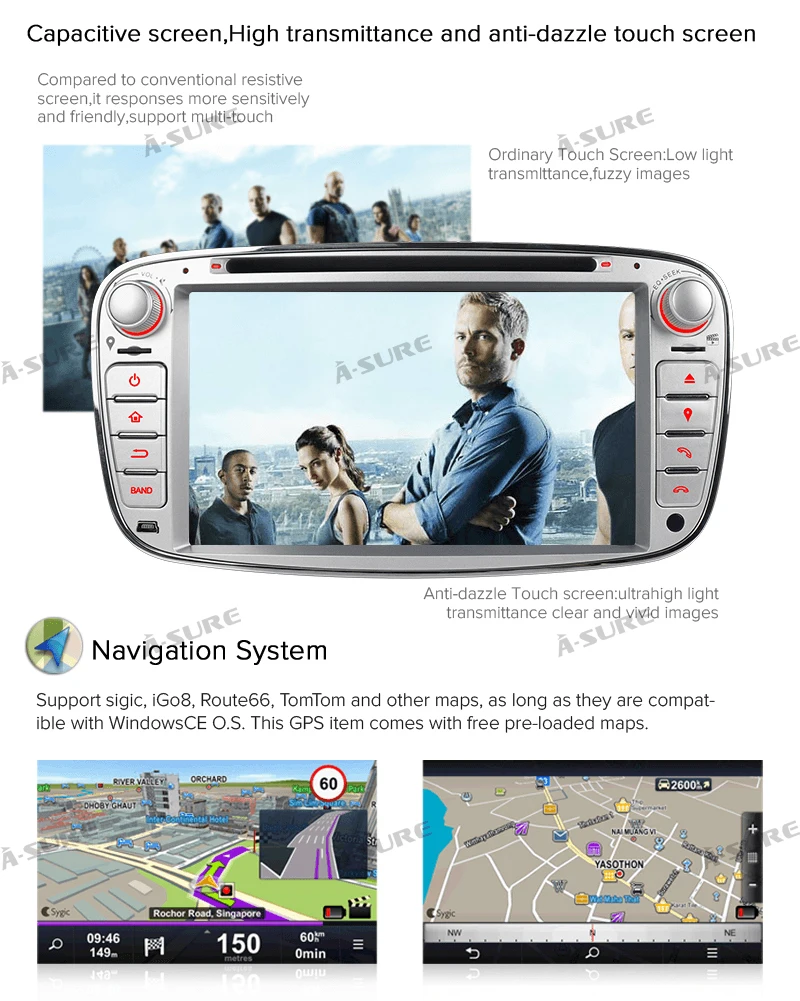 Perfect A-Sure 7" Car Auto Radio GPS Player DVD Navigation For Ford Mondeo Focus Galaxy S-Max C-Max Kuga Rear USB Port & Dual DAB+ 9