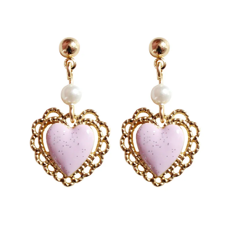 1Pair Hollow Alloy Pink Color Love Heart Shaped Earrings Women's Long