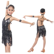 Сексуальный спинки Черный Блёстки Ленточки Костюмы для латиноамериканских танцев платье для танцев, профессиональный сценический костюм для Обувь для девочек Salsa/Румба/Костюмы для бальных танцев конкурс