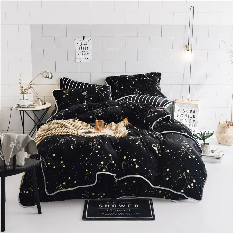 Luxury Soft velvet bedding set black stars duvet cover sets warm winter