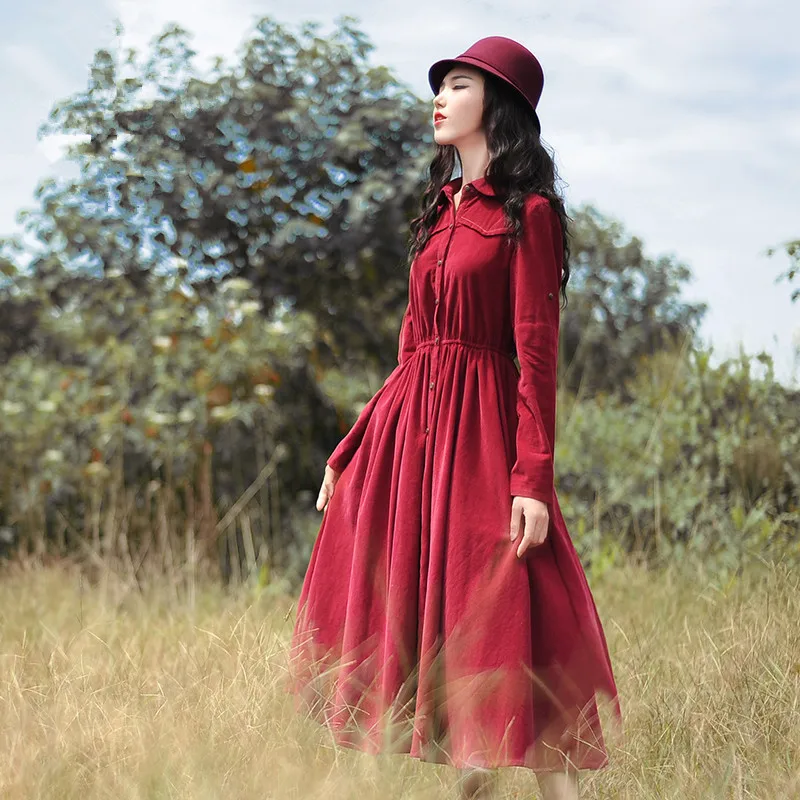 Женское вельветовое платье миди BOSHOW красное винтажное приталенное с длинным