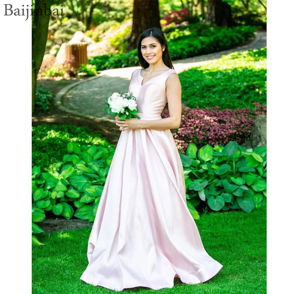 

Baijabai Sleeveless A Line Prom Dresses Cut Out V-Neck Evening Dress Long Formal Gown Satin Floor Length Vestido De Fiesta Mujer