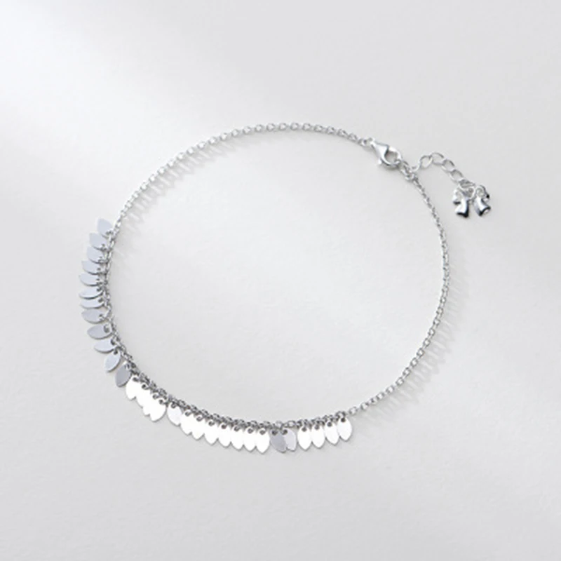 Qevila Bohemian Anklets for Women men Summer beach S925 Sterling Silver Simple leave Ankle Bracelet enkelbandje on leg Barefoot (4)