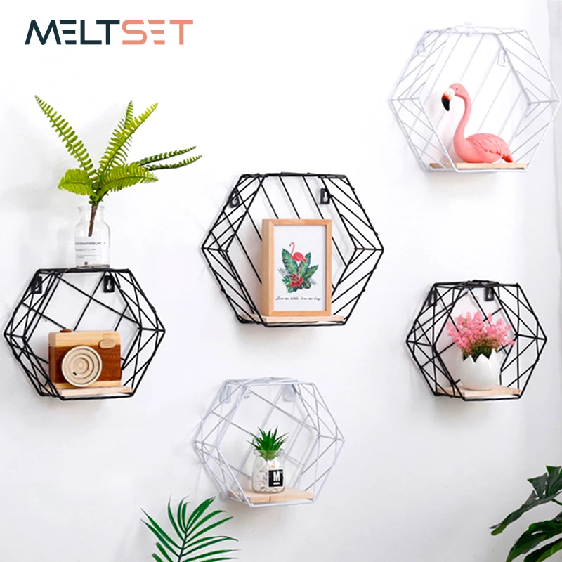 

Nordic Iron Hexagonal Grid Wall Floating Shelf Combination Wall Hanging Geometric Figure Wall Decoration For Living Room Bedroom