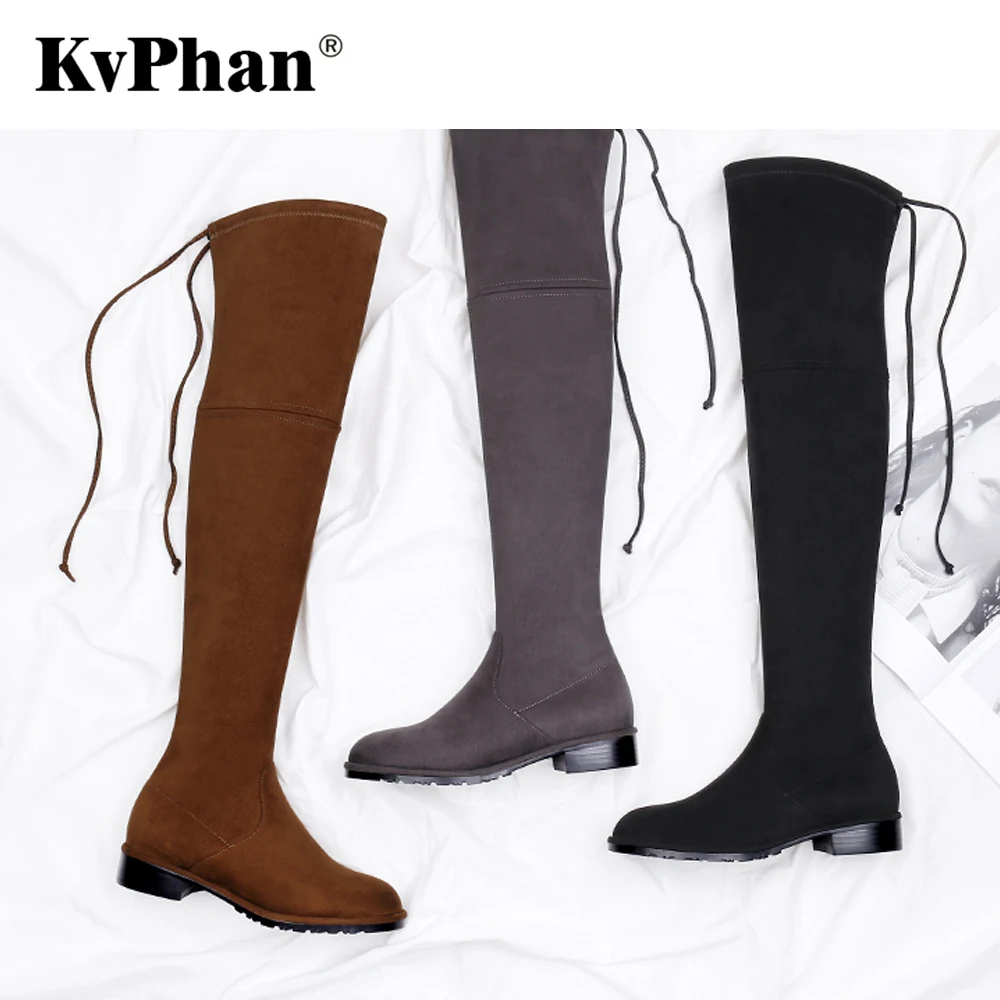 

KvPhan Flock Round Toe Sexy Black Over-the-knee Winter Shoes Women 2018 New Fashion Lace-up Size 33-41 Super High Shoes for Lady