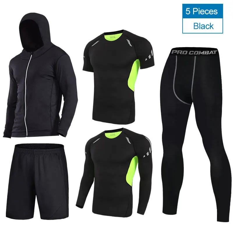 Быстросохнущие спортивные костюмы для мужчин, компрессионные костюмы для бега, дышащая Спортивная одежда для баскетбола, тренажерного зала, теплая одежда для тренировок, фитнеса - Цвет: Green5pcs