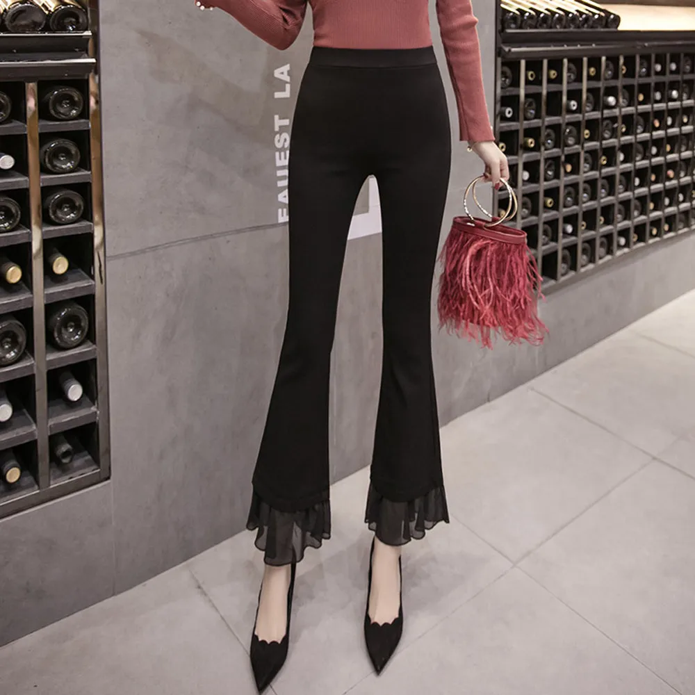 Large size pants Elastic flare female 2019 summer casual wild chiffon stitching high waist thin thin section micro bell pants Large size pants Elastic flare female 2019 summer casual wild chiffon stitching high waist thin thin section micro bell pants