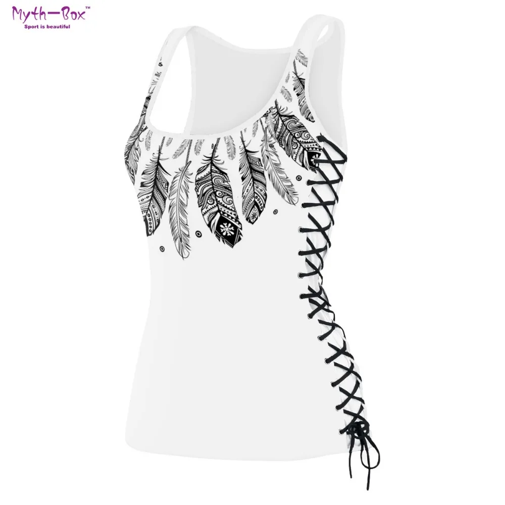 

Women Fitness Jerseys Feather 3D Print White T-shirt O-neck Bandage Gym Yoga Tee Workout Sleeveless Tank Tops Strappy Sport Vest