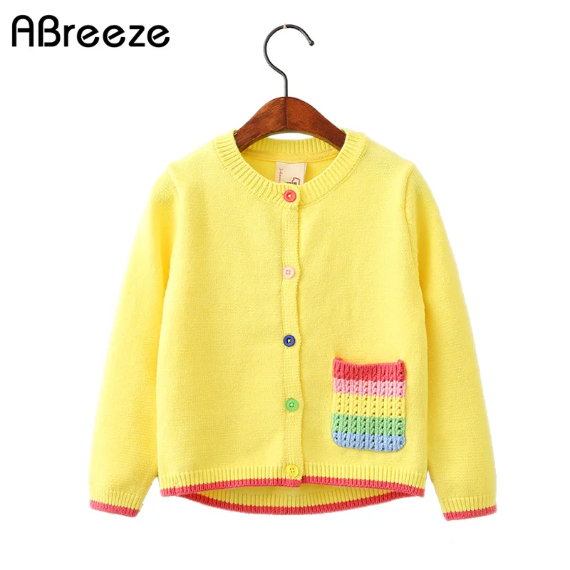 

Spring girls clothing coats 2018 new Yellow sweater cardigan with rainbow pockets toddler girls cotton sweater outfits