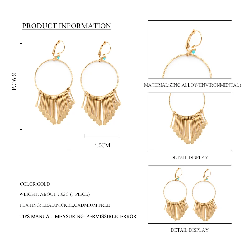 Wild&Free Boho Gold Metal Tassel Earrings For Women Big Round Circle Dangle Drop Earrings Ethic Charms Earring Fringed Jewelry