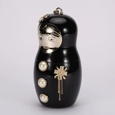 Russian Doll Acrylic Dinner Handbag Evening Bag Fat Baby Female Bag Ladies Pearl New Cartoon Pattern Shoulder Bag - Цвет: Black