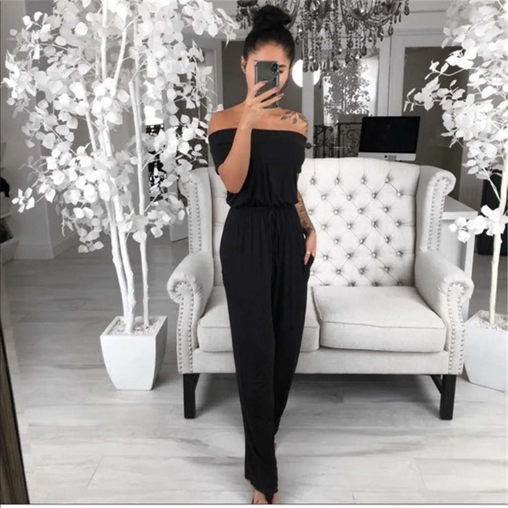 

Women's Jumpsuit Loose Casual Strapless Trousers Solid Color Long Jumpsuit Casual Ladies Overalls Summer Womens Rompers 2019