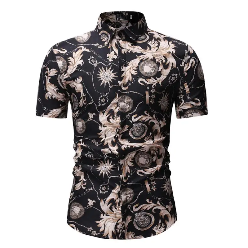 

Short Sleeve Floral Shirt Men Blouse Mens Clothing Fashion Hawaiian Vintage flower Shirt Men's Casual Summer Black