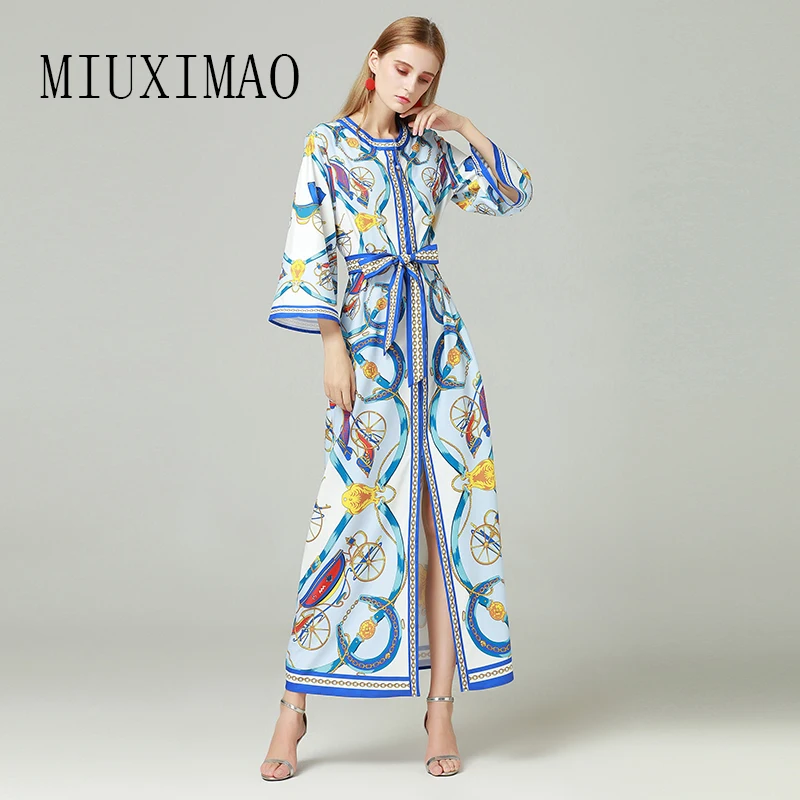 

2018 Autumn Latest Europe Fashion A-Line O-Neck Full Sleeve Sashes Pattern Print Elegant Ankle-Length Long Dress Women