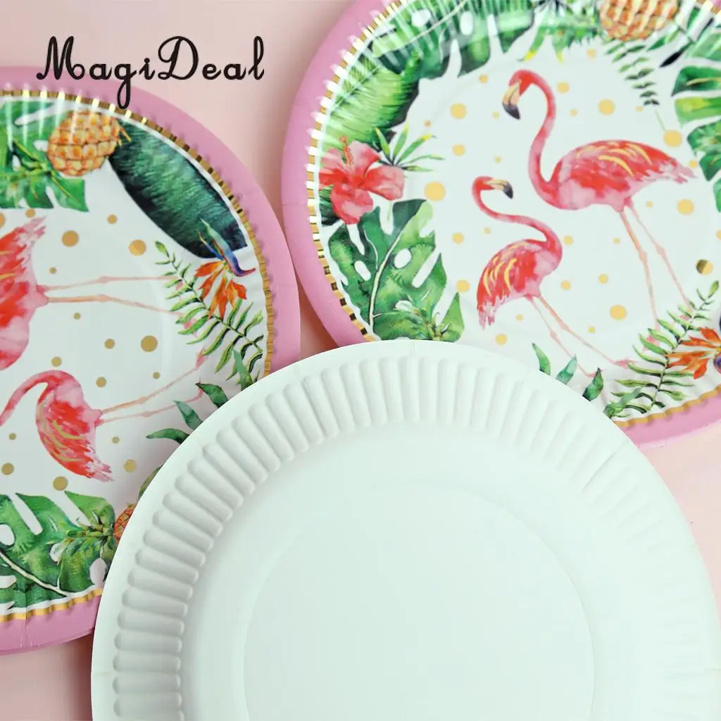 MagiDeal 10x Pink Green Watercolor Flamingo Paper Plates Disposable Party Tableware