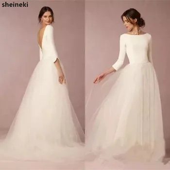 

2019 Cheap Modest Wedding Dresses A Line Satin Top Backless Bridal Gowns with Sleeves Simple Design Soft Tulle Skirt Sweep Train