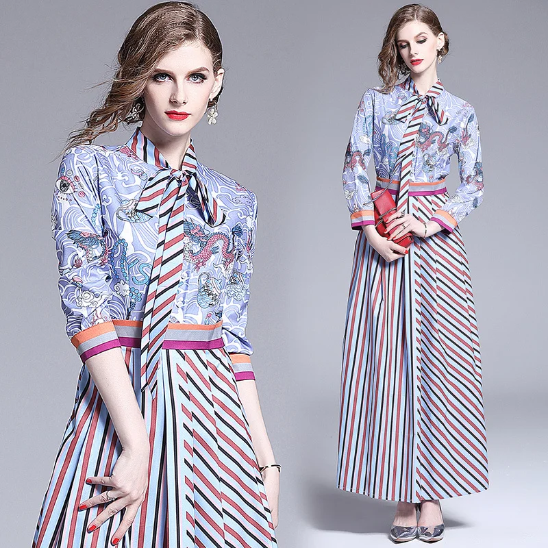 

2019 Spring Summer Fall Runway Vintage Floral Print Tie Neck Long Sleeve Empire Waist Women Lady Party Casual A-Line Maxi Dress