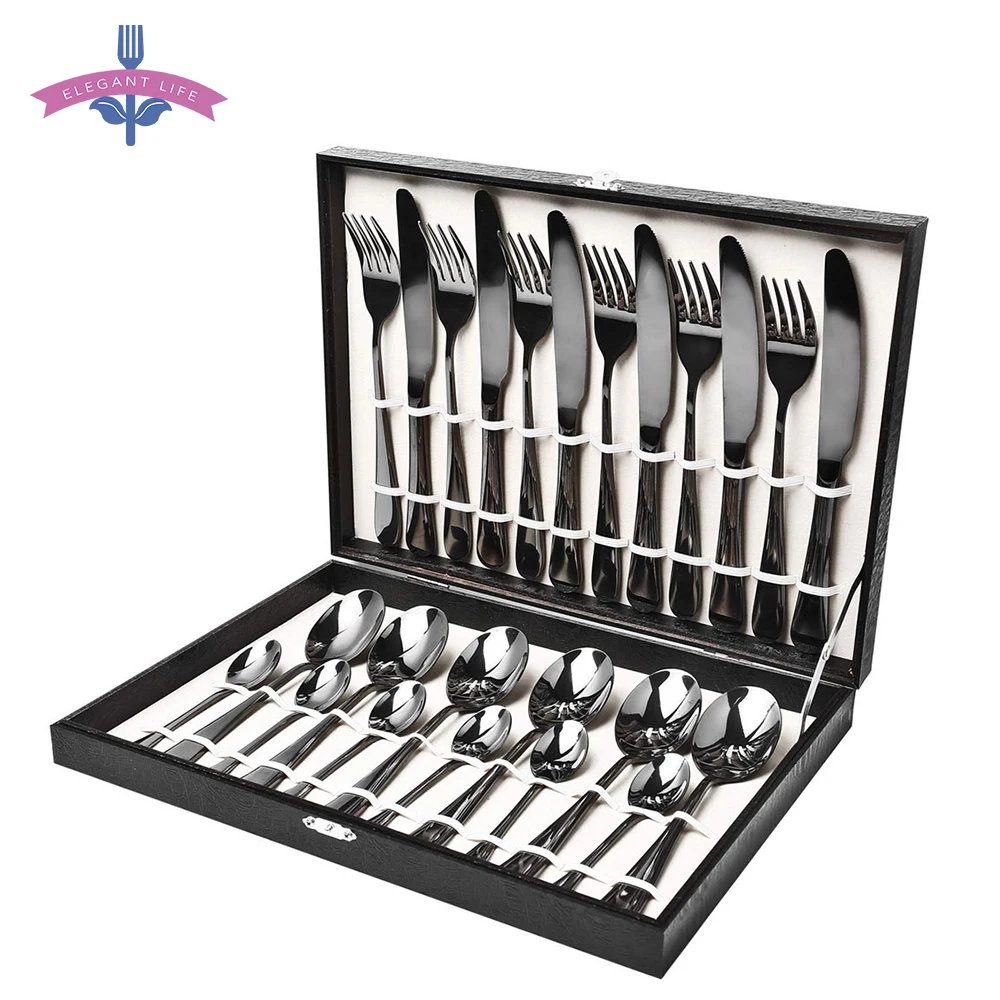 Online 24 PCS Dinnerware Set Black Gold Stainless Steel Flatware Sets Tableware Cutlery Spoon Set Party Supplies Kitchen Wood Gift Box
