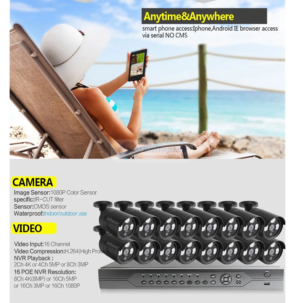 UNITOPTEK 16CH 1080 P POE система NVR комплект с 16 шт. 2.0MP пуля сети IP камера Открытый