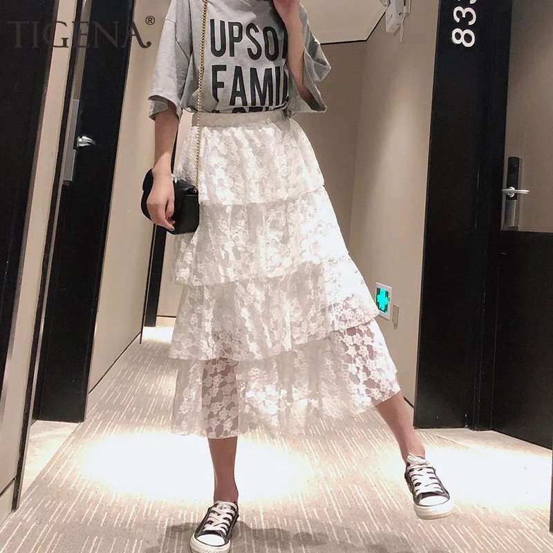 

TIGENA Long Maxi Lace Skirts Women 2019 Summer Korean Fashion High Waist Tiered Skirt Female Black White Lace Skirt School Sun