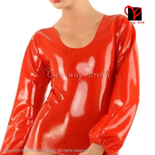 Red Latex long sleeves round collar zipper at back