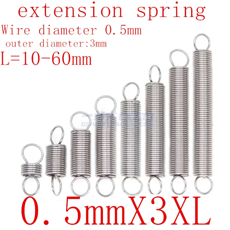 

30pcs/lot 0.5mm 0.5mm x 3mm x L Stainless Steel tension spring extension spring outer diameter 3mm, length 10-50mm