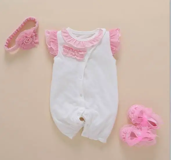 Комбинезон для новорожденных девочек; комплекты одежды; лето г.; Детский комбинезон хлопок с вышивкой «i love mama»; одежда для малышей с повязкой на голову; обувь - Цвет: white flower set