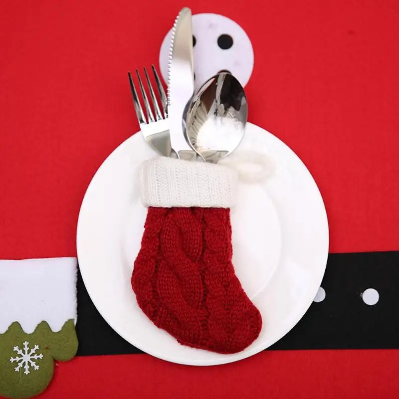 

Christmas Knitted Stockings Cutlery Forks Knife Tableware Platemat Table Mat Pad Cushion navidad Christmas Decorations