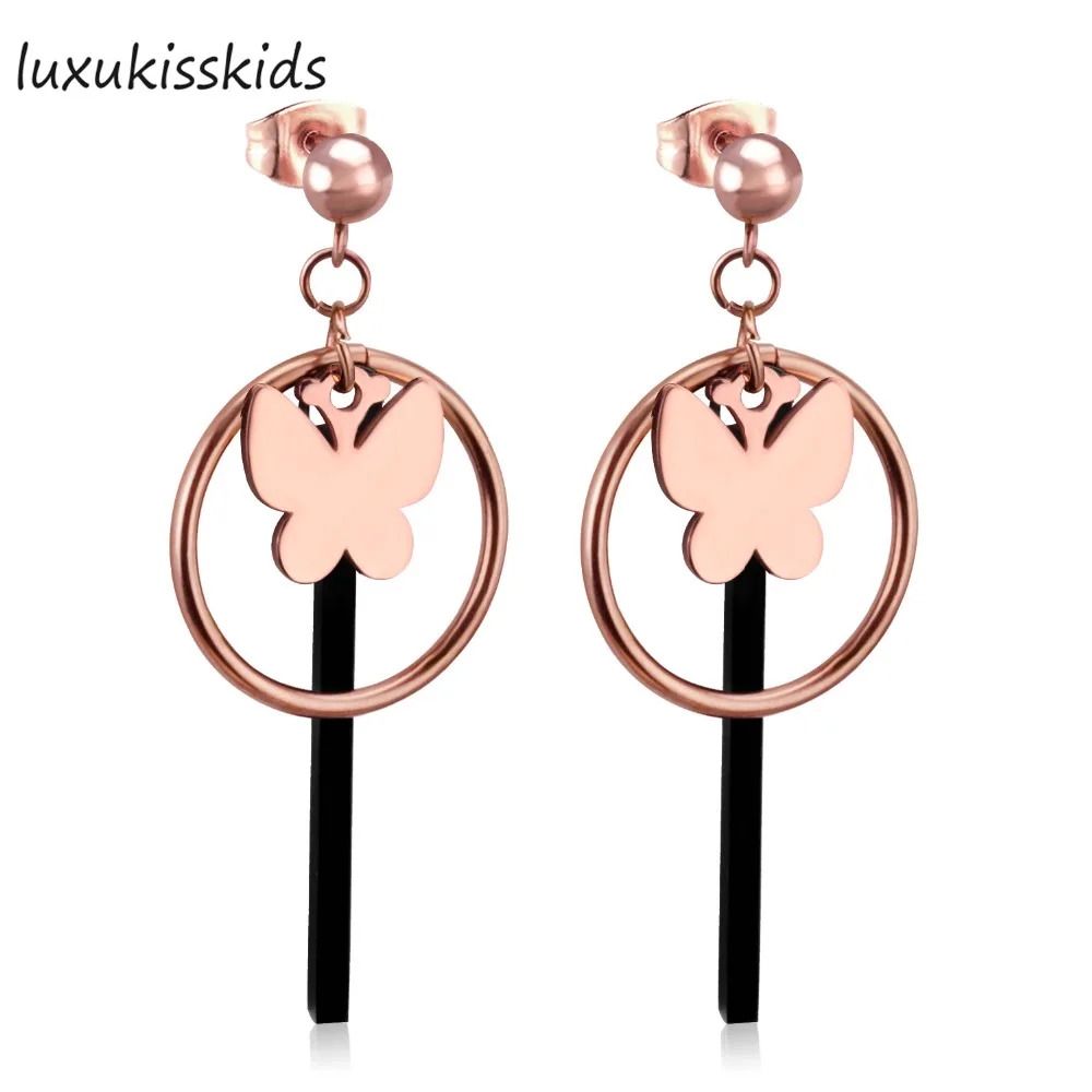 

LUXUKISSKIDS 2018 Fashion Personality Charm Big Circle Butterfiy Drop Dangle Earrings Rose Gold Stainless Steel For For Female