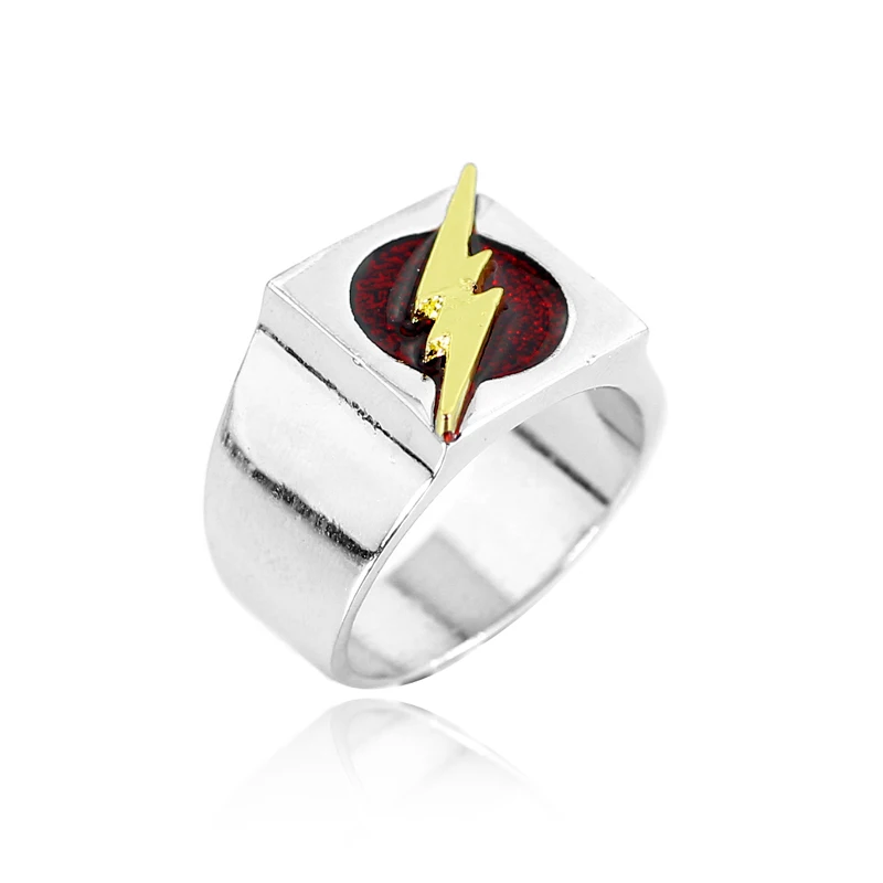 

Drop Shipping The Flash Superhero With Gold Flash Lighting Logo Silver Ring DC Movie Comic Ring Comics Jewelry Superhero Ring