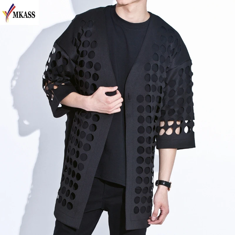 2017 Hot MKASS Brand Mesh Sexy Hollow Designer Men Cape Coat Windbreaker Fashion Stylish Trench Coat Men Summer Jacket Black