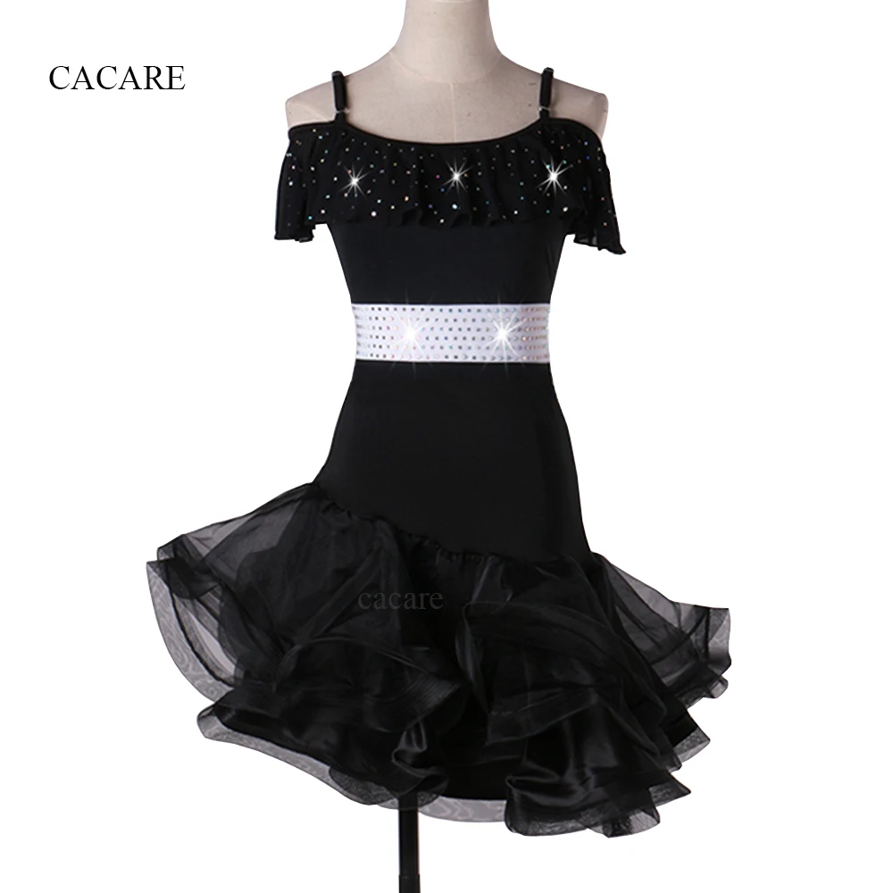 Salsa Latin Dance Dress Women Samba Tango Flapper Dress D0059 Black Adjustable Strip Waist Belt Rhinestones Fluffy Sheer Hem