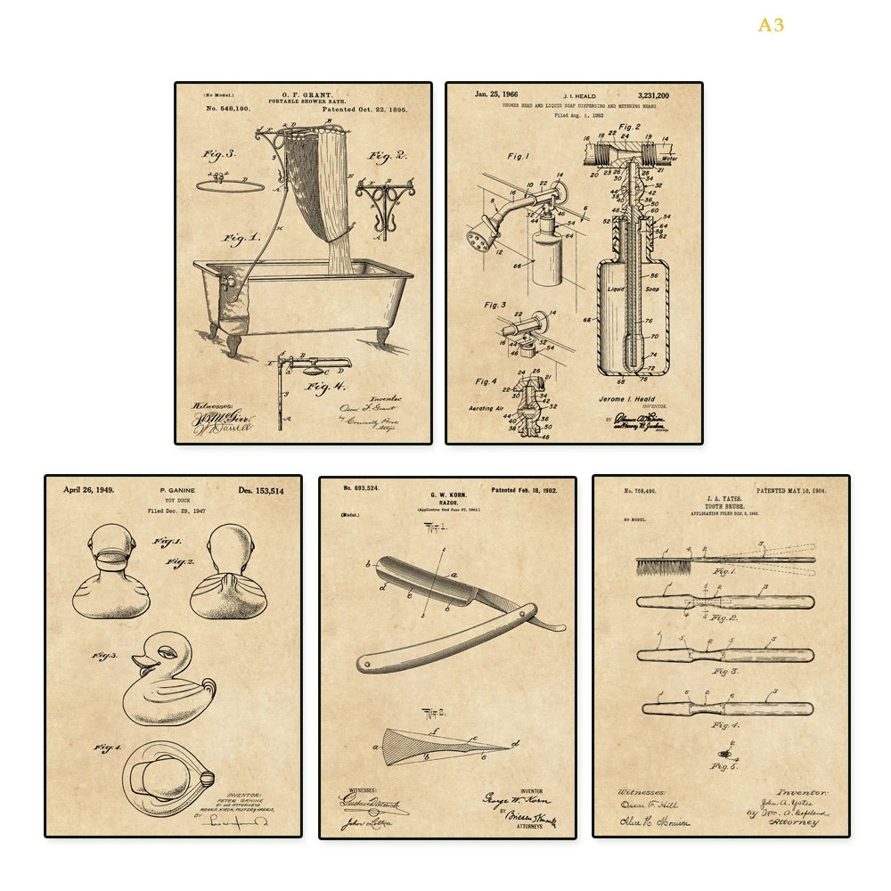 Винтажная запатентованная художественная игрушка для ванной, утка, бритва, насадка для душа и жидкое мыло, зубная щетка, плакат 5 в 1, настенное искусство без рамки