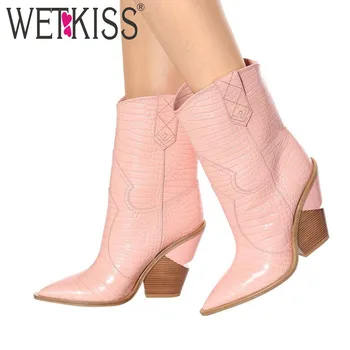 

WETKIS New Fashion Embossed Women Ankle Boots Unusual Thick Wedges Footwear Western Female Boots Cowboy Boots Woman 2019 Spring