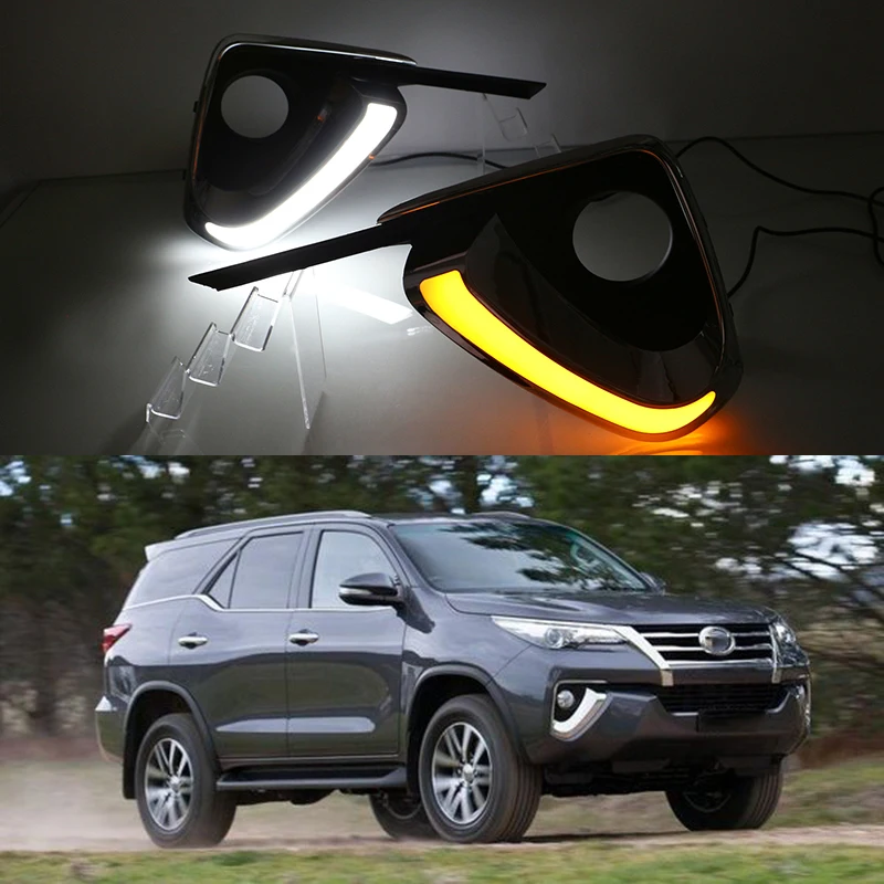 

Car Flashing For Toyota Fortuner 2015 2016 2017 DRL LED Daytime Running Light Daylight fog lamp cover Turn Yellow Signal