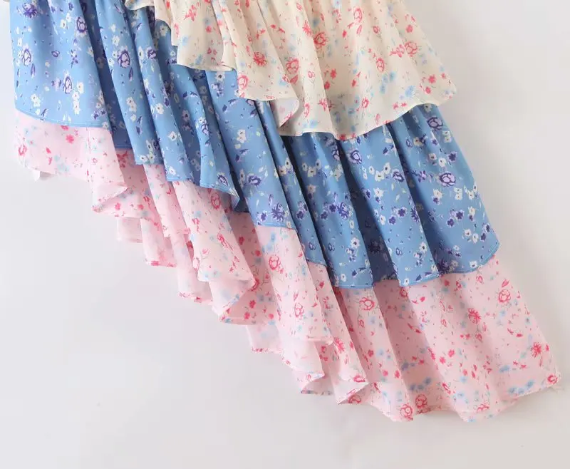 Patchwork Floral Print Holiday Boho Skirt Women Layered Ruffle Asymmetric Cake Skirt Elegant Lady High Waist Summer Skirt