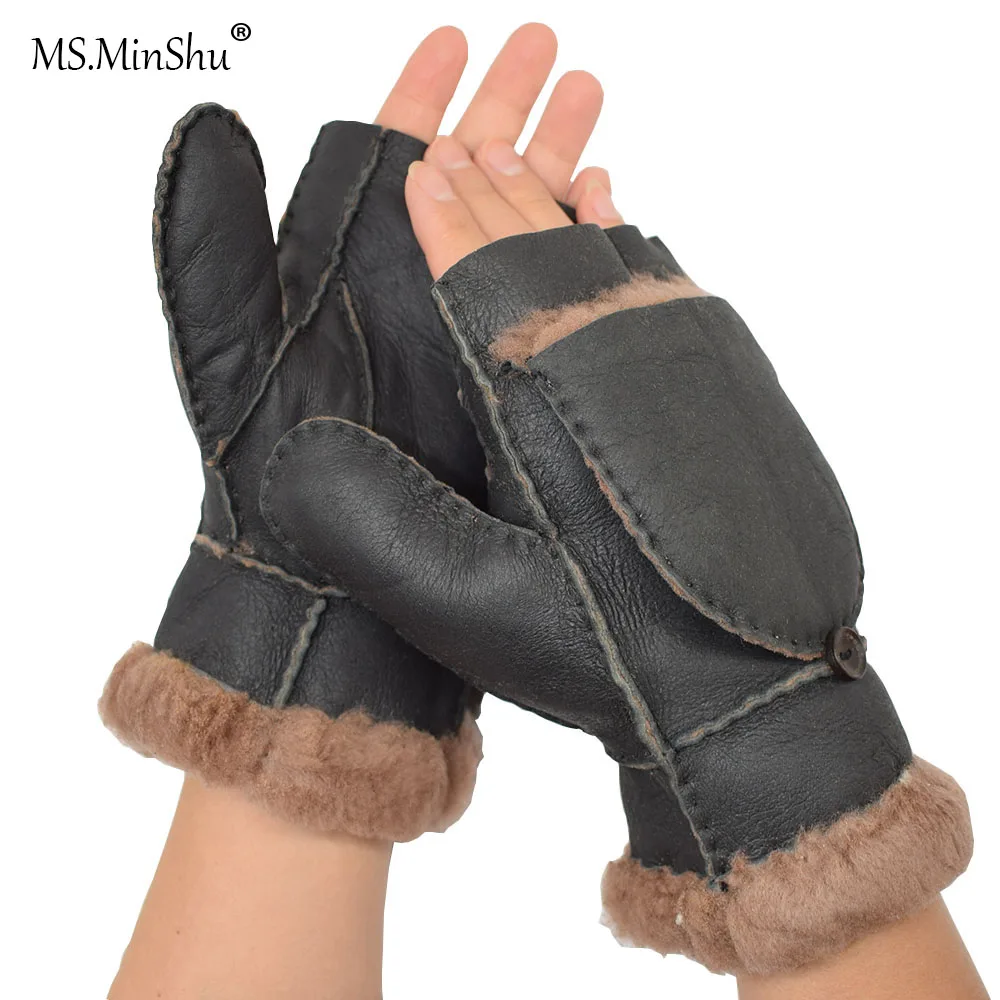 MS.MinShu Sheepskin Gloves Mittens With Cover Genuine Leather with