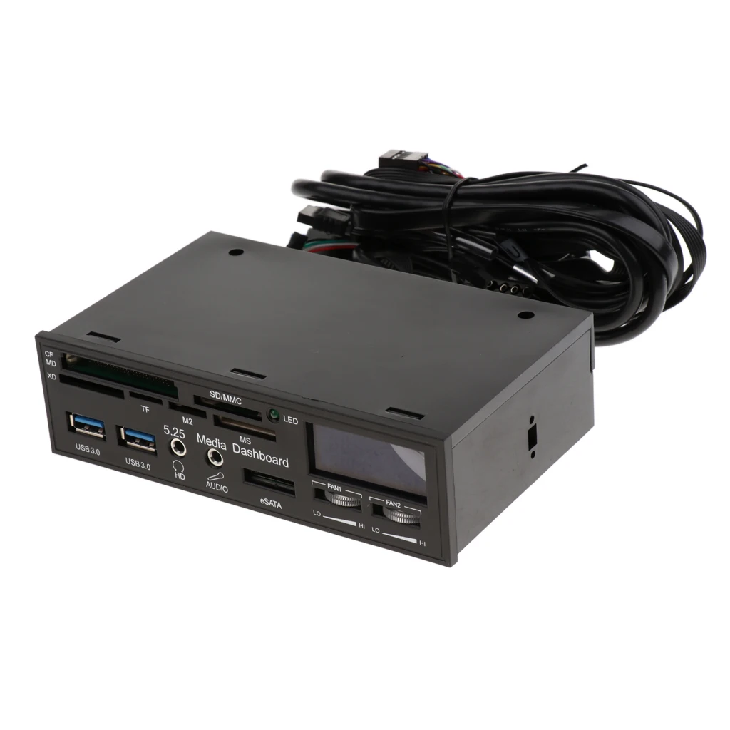 5.25' Front Panel Media Dashboard USB 3.0 Hub Card Reader LCD Fan Controller